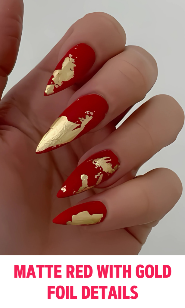 Matte red nails with hints of gold foil