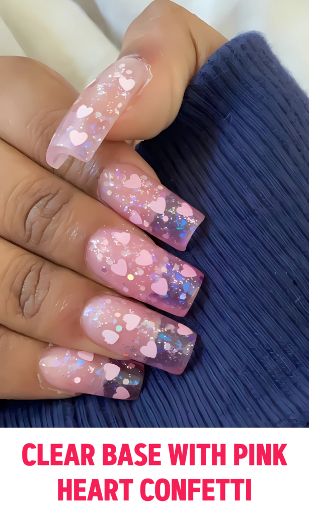 Clear nails with pink heart confetti scattered across each nail