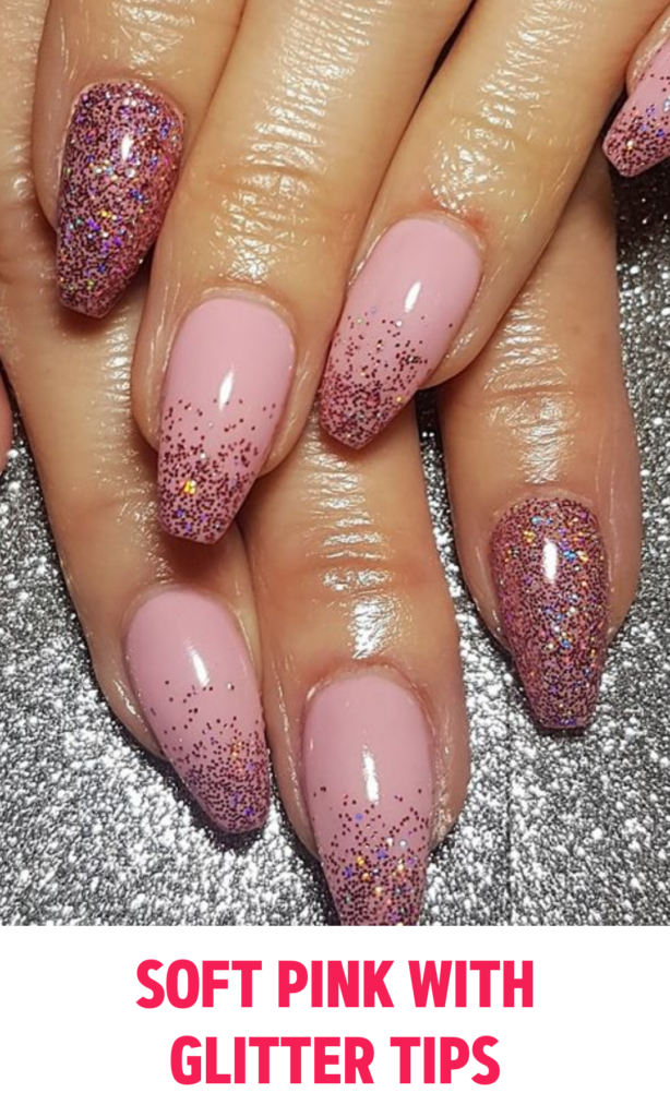 Soft pink nails with glittery tips