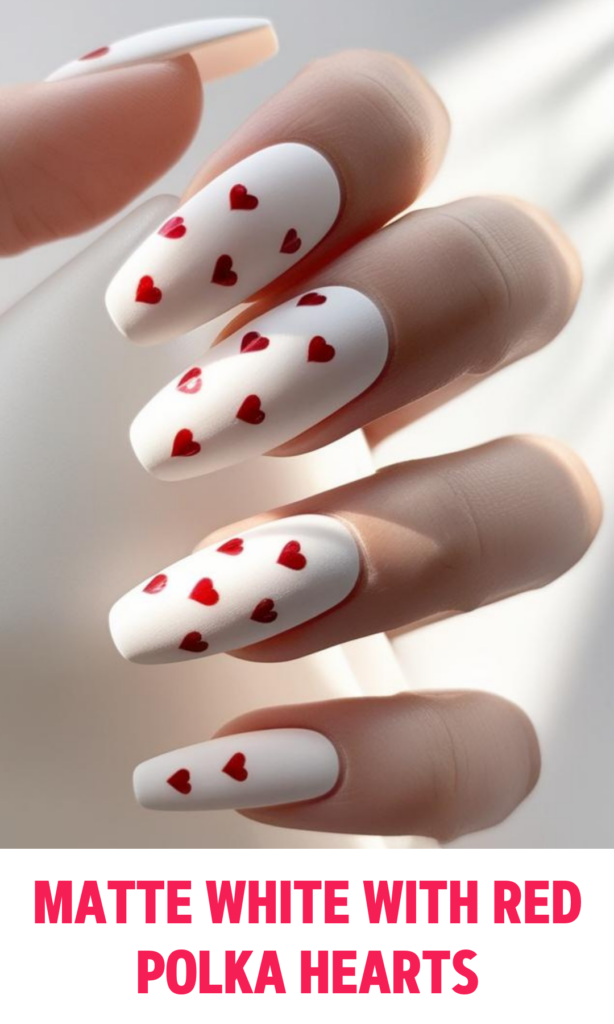 Matte white nails with tiny red heart polka dots