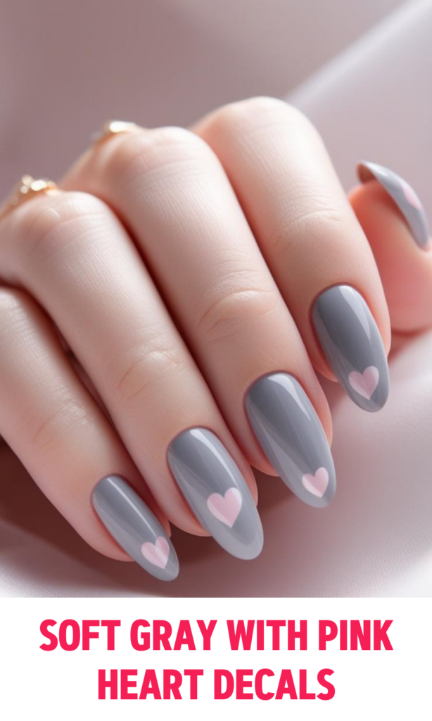 Soft gray nails with tiny pink heart decals