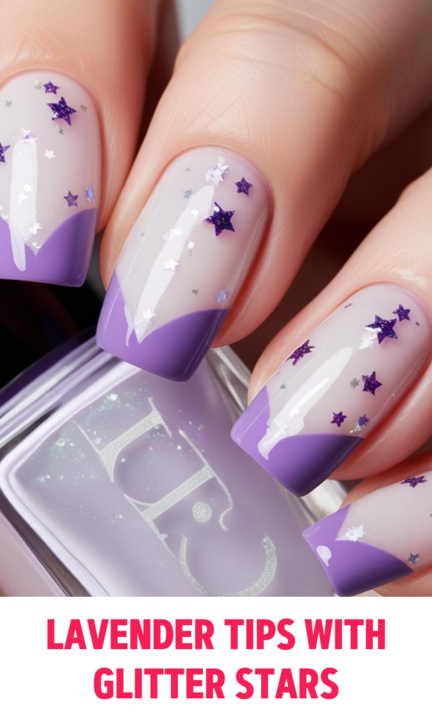 Lavender tips with tiny glitter stars on each nail