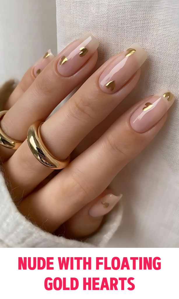 Nude nails with floating gold heart decals