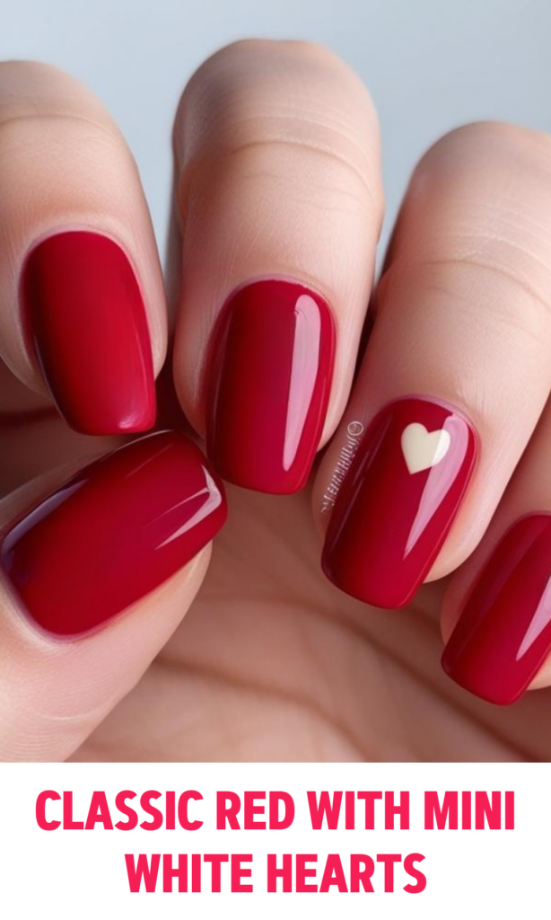 Glossy red nails with a single white heart on ring finger