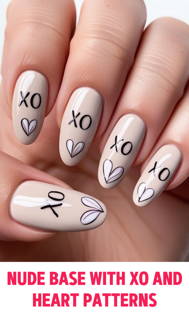 A nude base with XO and heart patterns scattered on each nail 