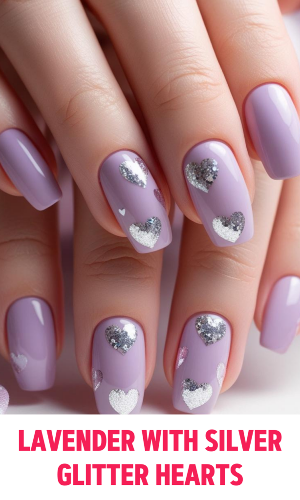 Soft lavender nails with tiny silver glitter hearts scattered on a few nails