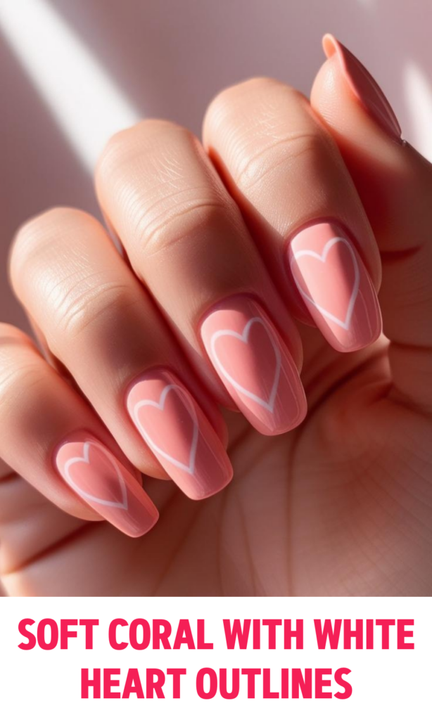 Soft coral nails with tiny white heart outlines