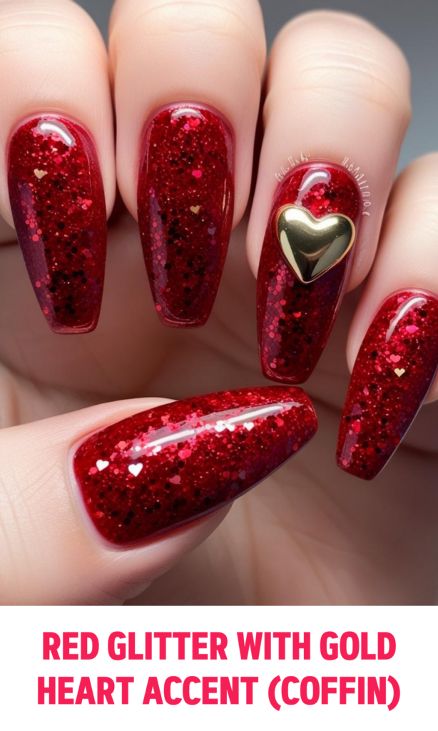 Red Glitter Nails with Gold Heart Accent (Coffin)