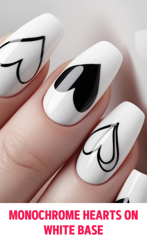 Monochrome Hearts on White Base Nails