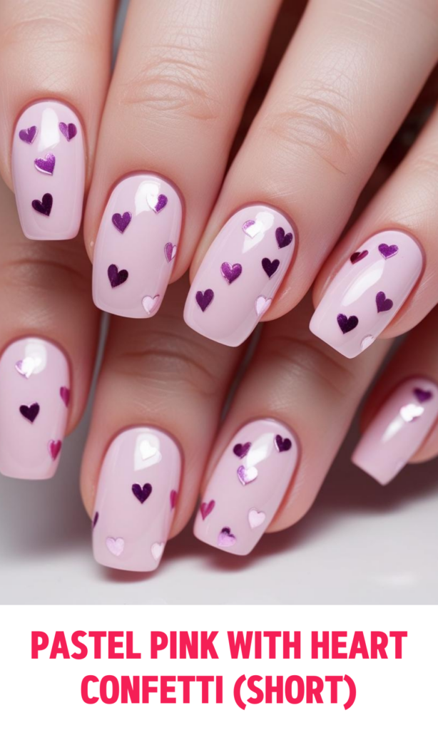 Pastel Pink Nails with Heart Confetti (Short)