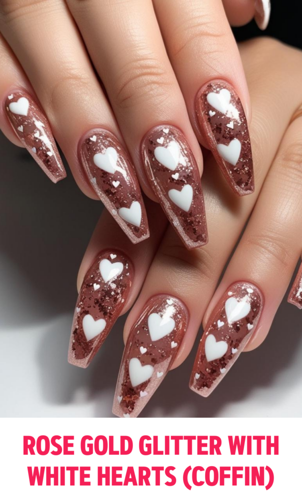 Rose Gold Glitter Nails with White Hearts (Coffin)