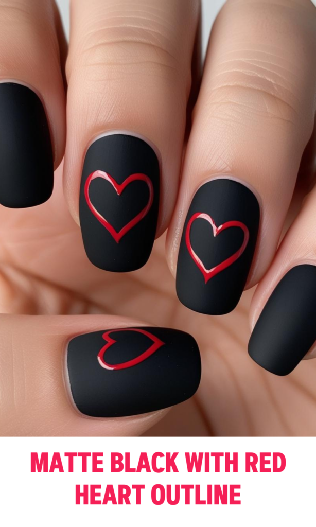 Matte Black  Nails with Red Heart Outline