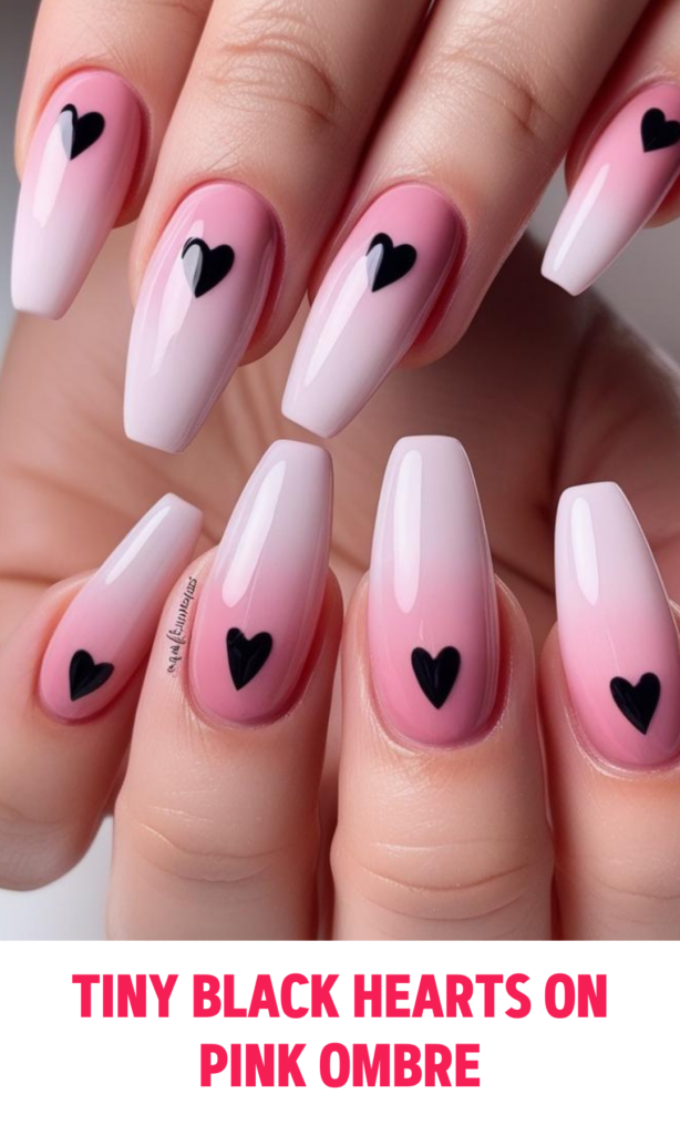 Tiny Black Hearts on Pink Ombre Nails