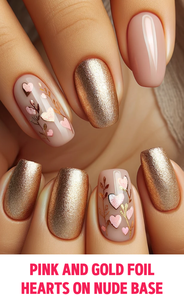 Pink and Gold Foil Hearts on Nude Base Nails