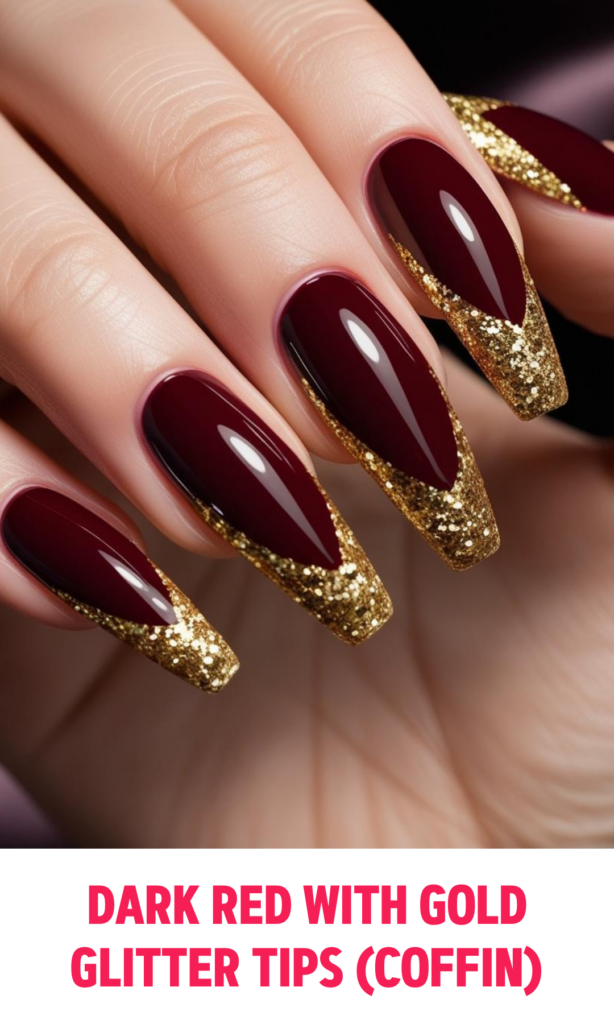 Dark Red Nails with Gold Glitter Tips (Coffin)