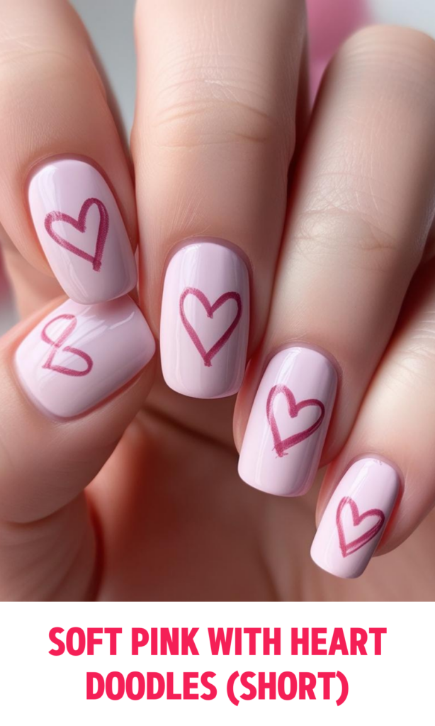 Soft Pink Nails with Heart Doodles (Short)