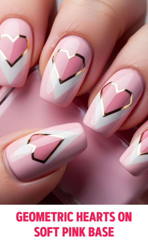 Geometric Hearts on Soft Pink Base Nails