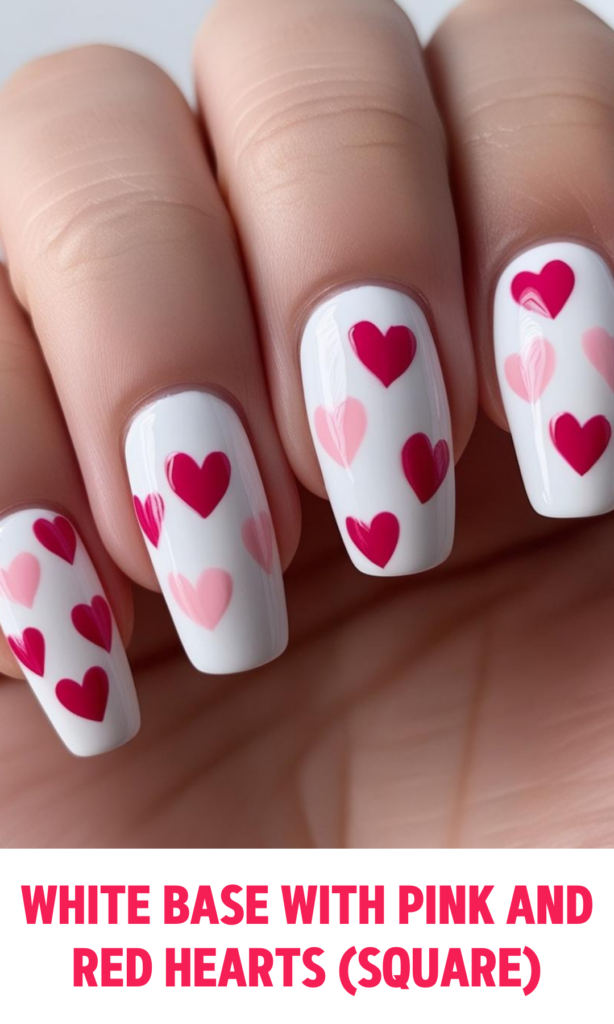 White Base Nails with Pink and Red Hearts (Square)