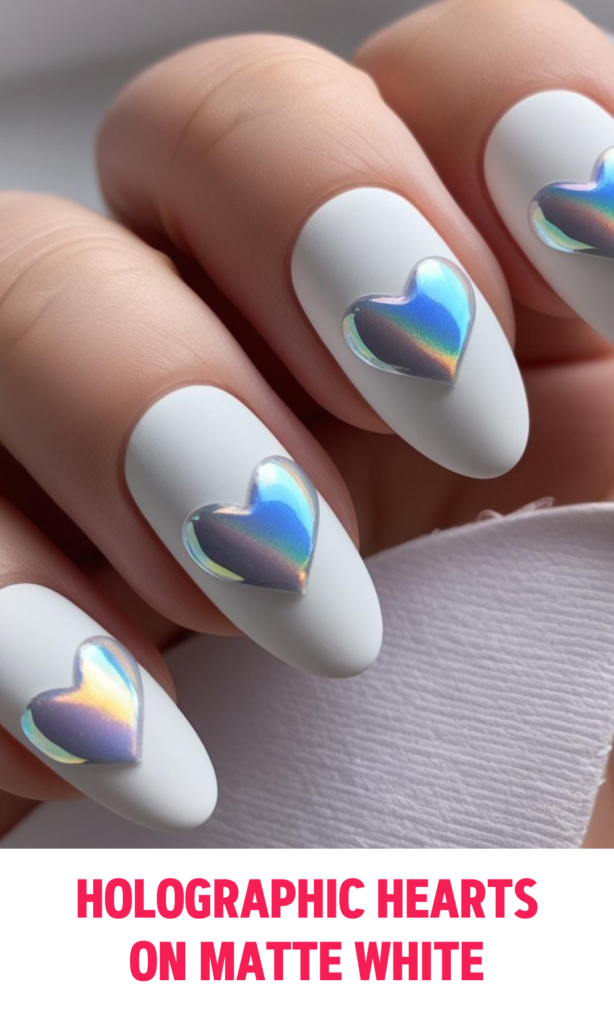 Holographic Hearts on Matte White Nails