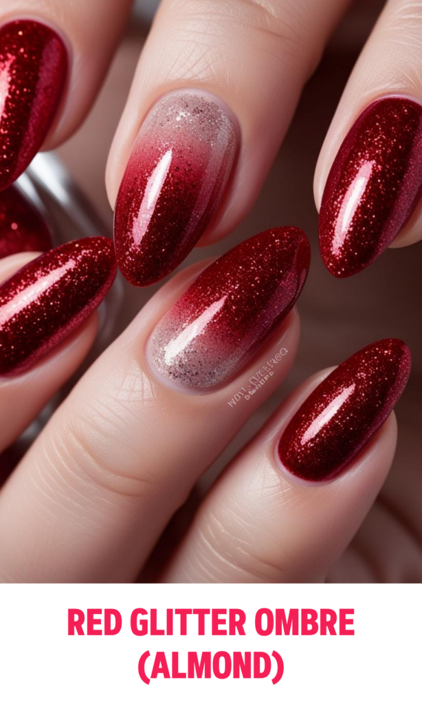 Red Glitter Ombre Nails (Almond)