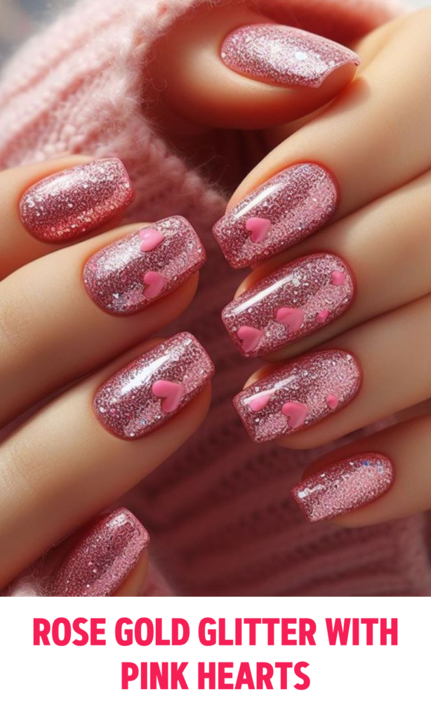 Rose Gold Glitter Nails with Pink Hearts