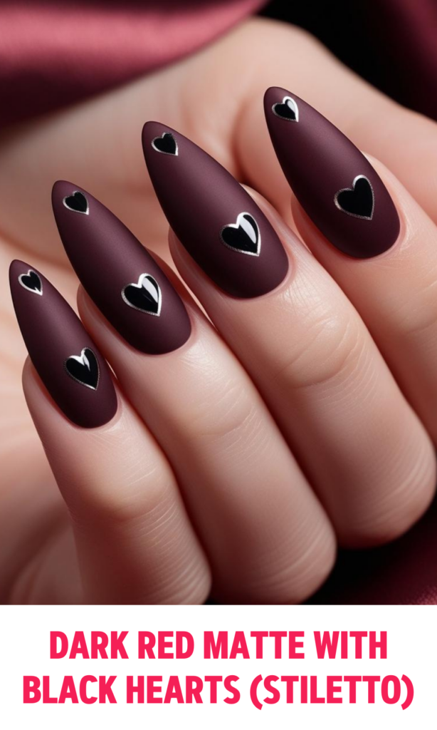 Dark Red Matte Nails with Black Hearts (Stiletto)