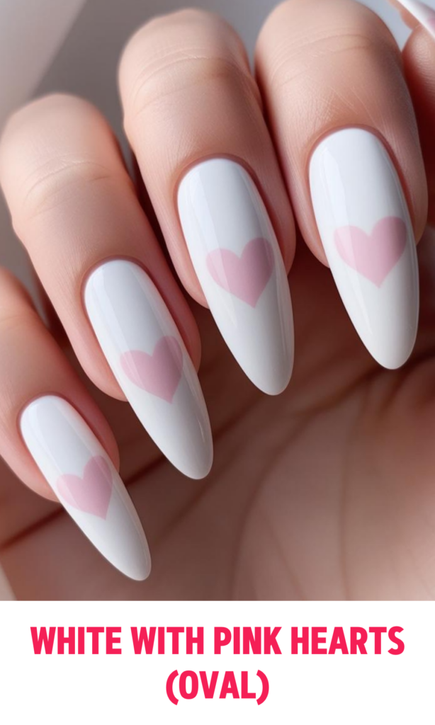 White Nails with Pink Hearts (Oval)