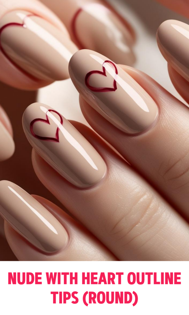 Nude Nails with Heart Outline Tips (Round)