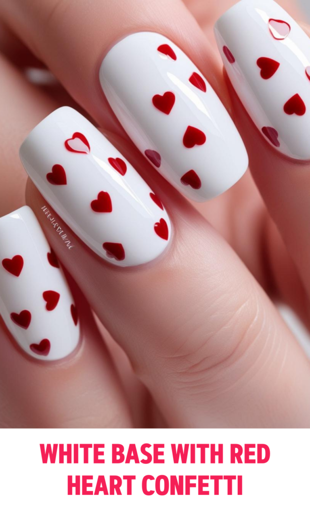 White Base Nails with Red Heart Confetti