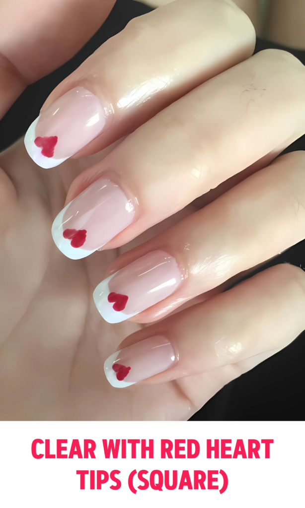 Clear Nails with Red Heart Tips (Square)