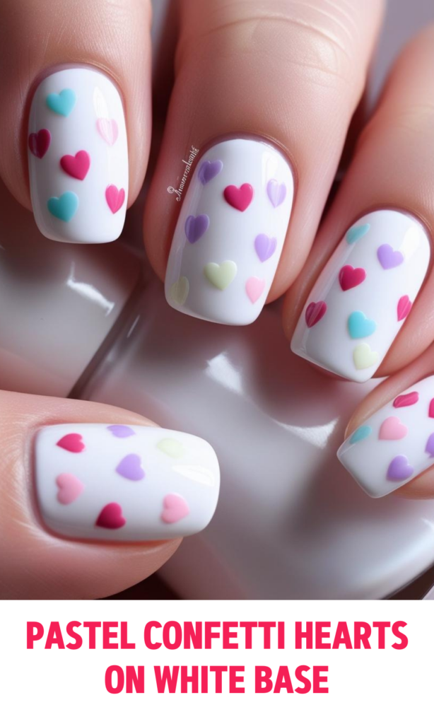 Pastel Confetti Hearts on White Base Nails