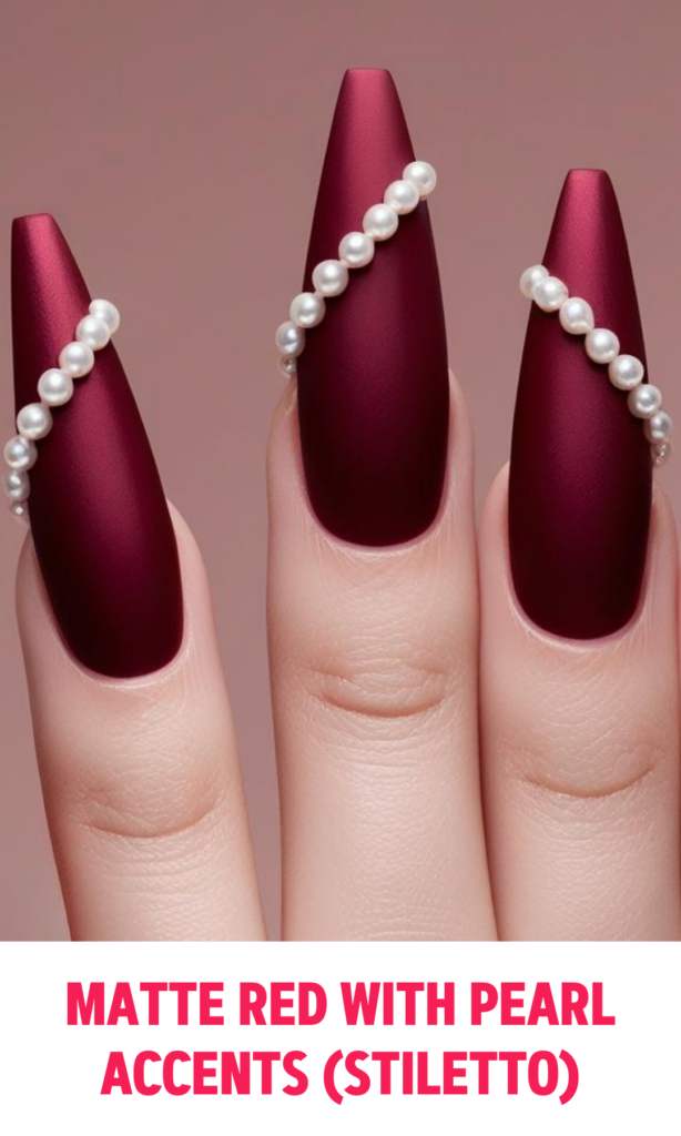 Matte Red Nails with Pearl Accents (Stiletto)