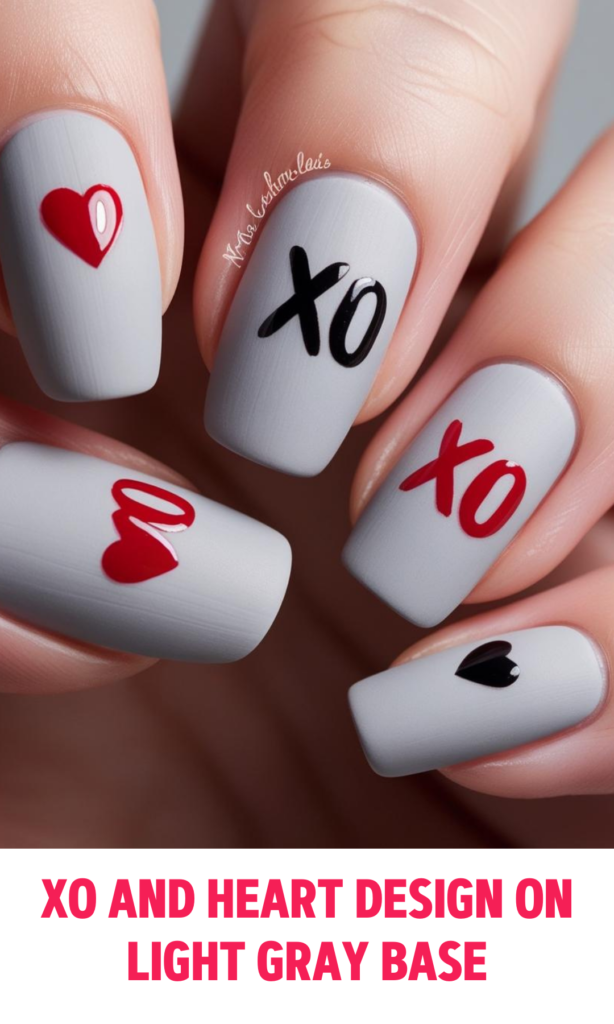 XO and Heart Design on Light Gray Base Nails