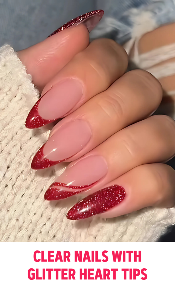 Clear Nails with Glitter Heart Tips