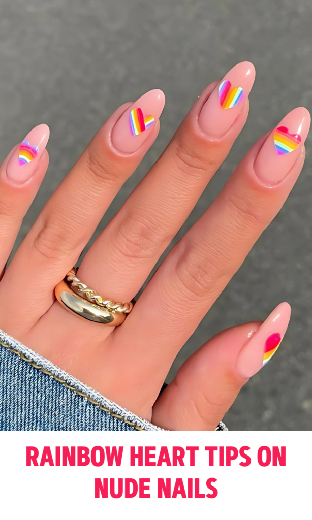 Rainbow Heart Tips on Nude Nails