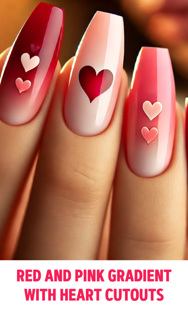 Red and Pink Gradient Nails with Heart Cutouts