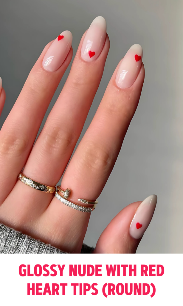 Glossy Nude Nails with Red Heart Tips (Round)