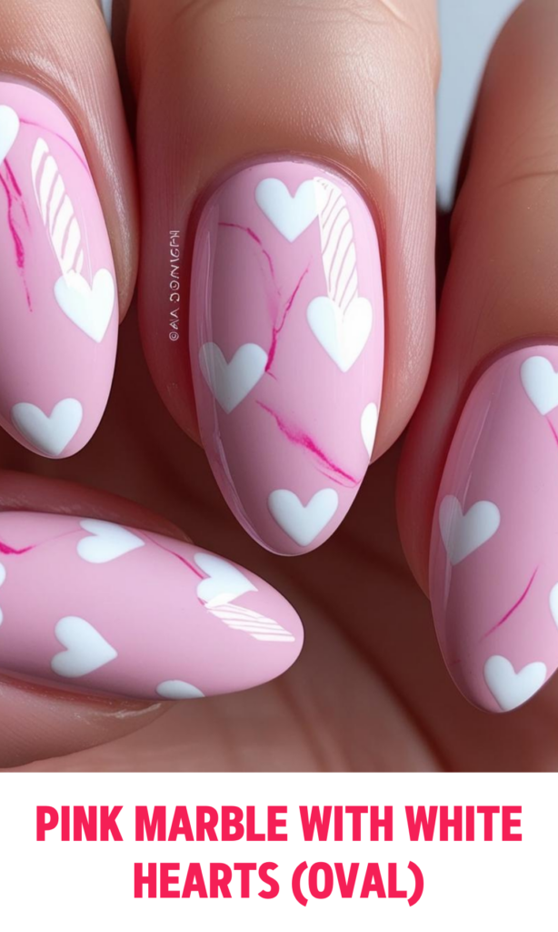 Pink Marble Nails with White Hearts (Oval)