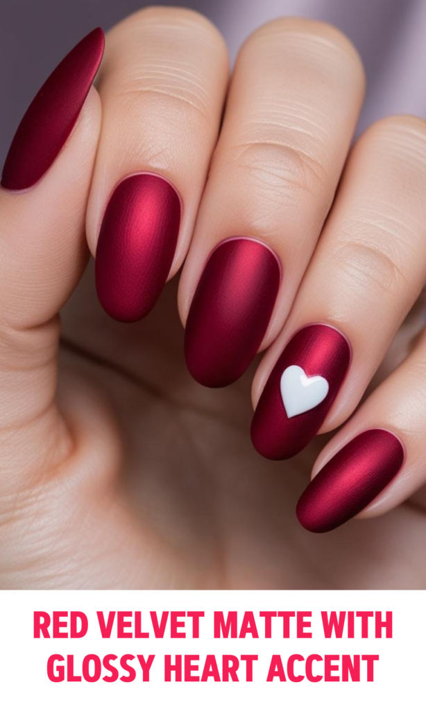 Red Velvet Matte Nails with Glossy Heart Accent