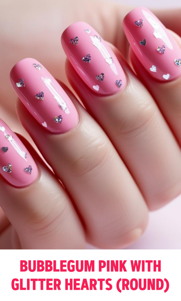 Bubblegum Pink Nails with Glitter Hearts (Round)