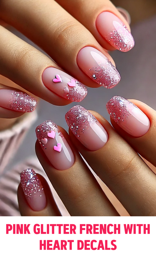 Pink Glitter French Nails with Heart Decals