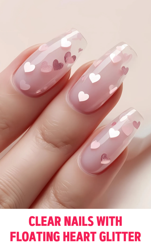 Clear Nails with Floating Heart Glitter