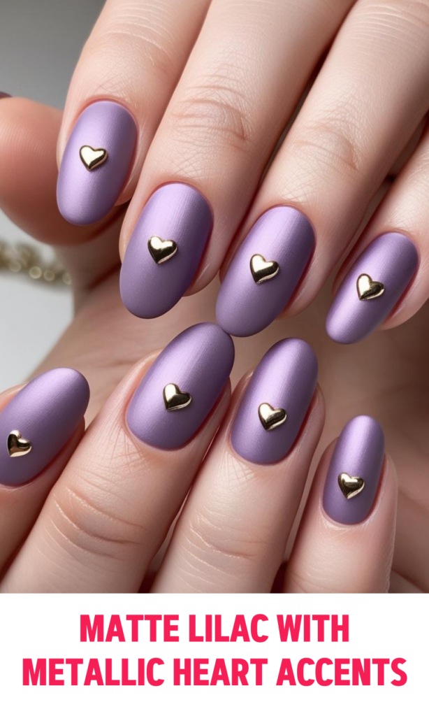 Matte Lilac Nails with Metallic Heart Accents