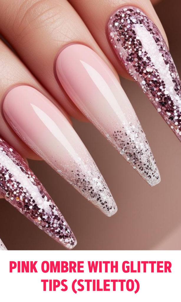 Pink Ombre Nails with Glitter Tips (Stiletto)