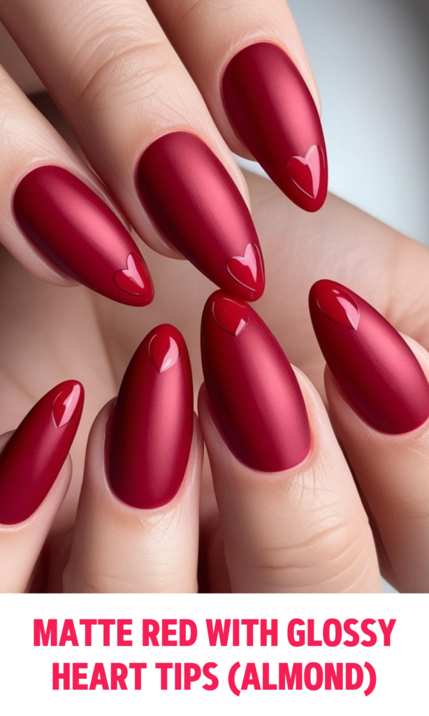 Matte Red Nails with Glossy Heart Tips (Almond)