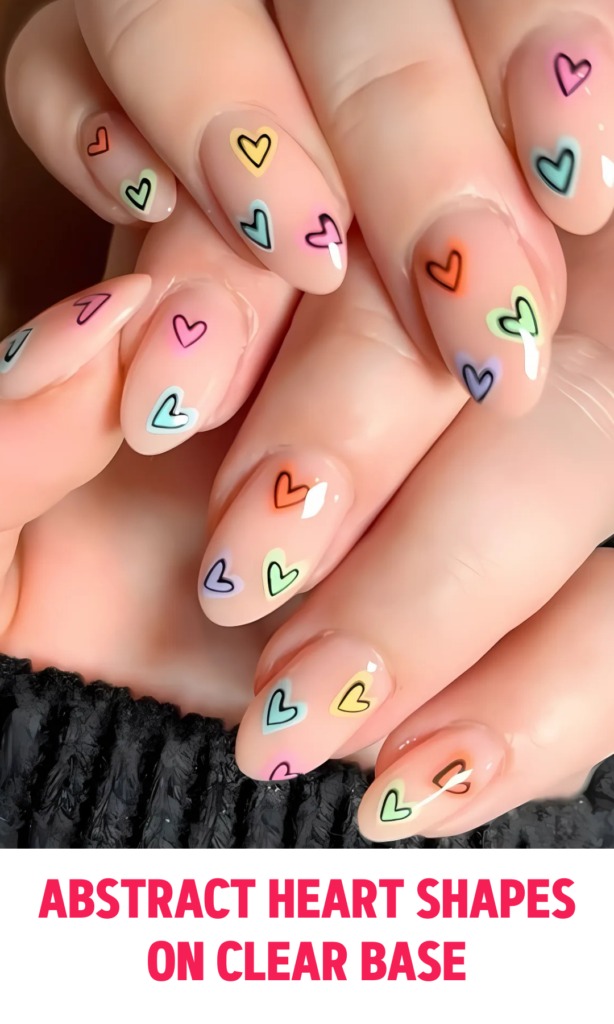 Abstract Heart Shapes on Clear Base Nails