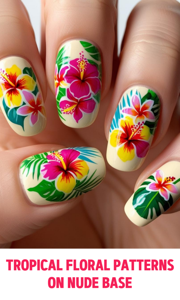 Tropical Floral Patterns on Nude Base Nails