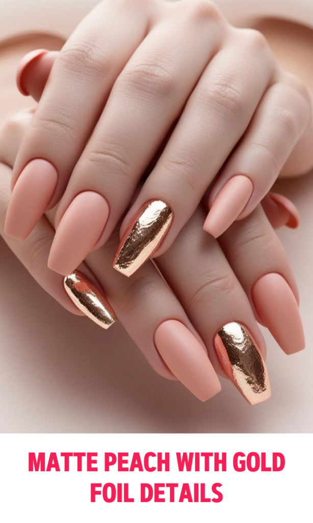 Matte Peach Nails with Gold Foil Details