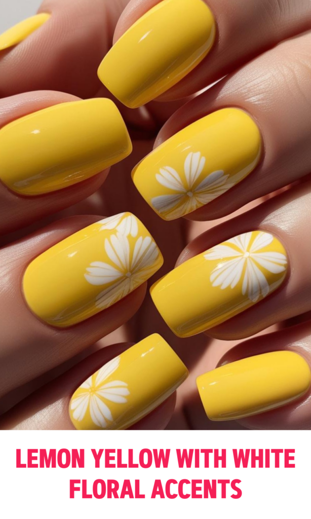 Lemon Yellow Nails with White Floral Accents