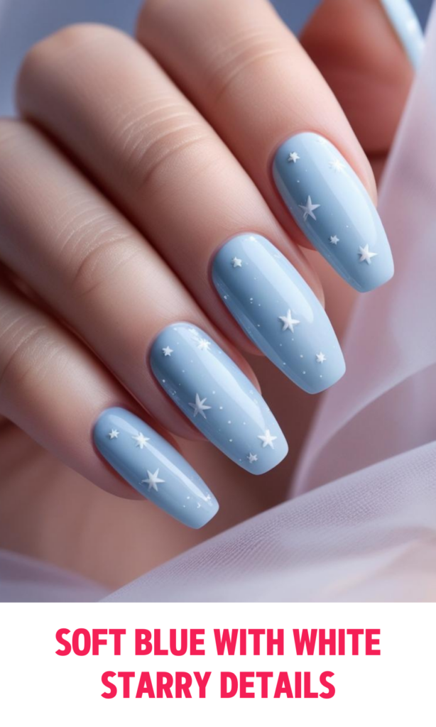 Soft Blue Nails with White Starry Details